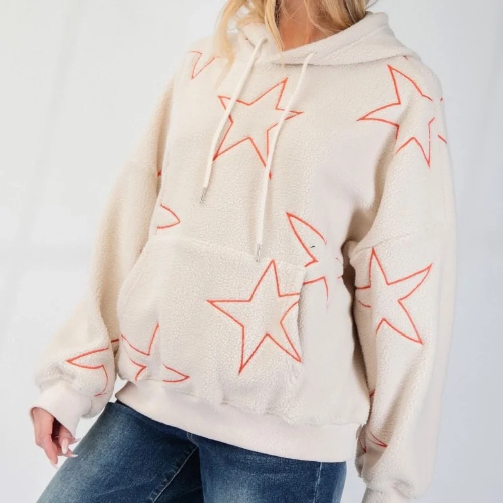 NEW EASEL STARFISH STAR SHERPA COZY HOODIE SWEATSHIRT KANGAROO POCKET PULLOVER - Picture 4 of 6
